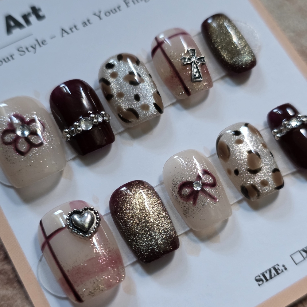 89. Mix & Match Press-On Nails Set in Nude, Burgundy & Gold Accents